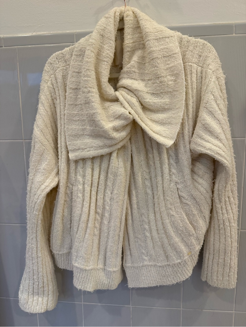 Pilcro Cream Cable Knit Cardigan with Draped Collar